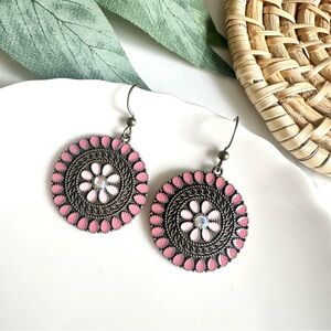 Bohemian Pink Mandala Earrings Circle Antiqued Dangle Vintage Style Hippie NEW